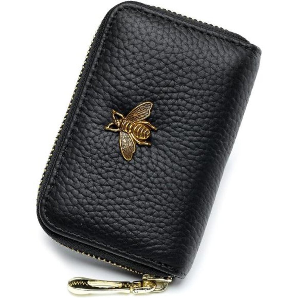 RFID Credit Card Holder, Small Leather Zipper Card Case Wallet
